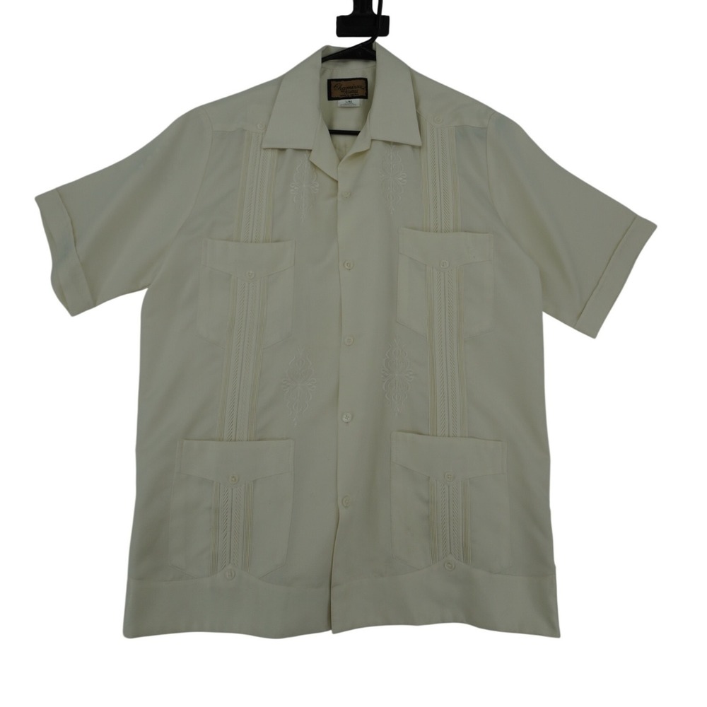 Chamizzo by Alvarez Mens‎ Guayabera Shirt Cream Short Sleeve Embroidered Large